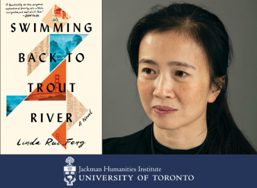 portrait of Linda Rui Feng and the an abstract book cover for Swimming Back to Trout River