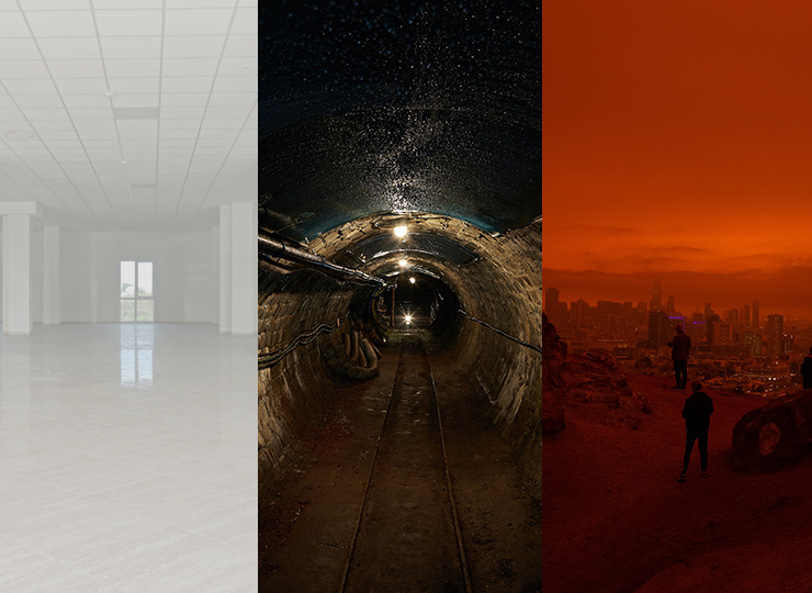 A triptych of a large empty white room, a mine shaft and a dystopian view
